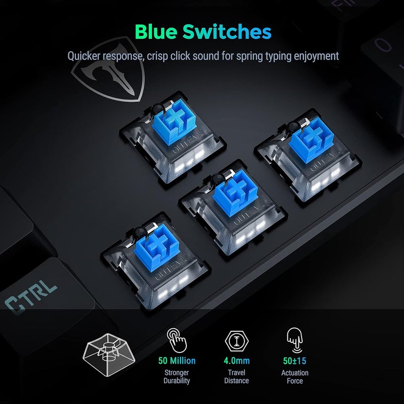 RisoPhy Mechanical Gaming Keyboard, RGB 104 Keys Ultra-Slim LED Backlit USB Wired Keyboard with Blue Switch, Durable Abs Keycaps/Anti-Ghosting/Spill-Resistant Computer Keyboard for PC Mac Xbox Gamer - Image 3